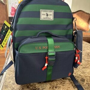 Polo Assn. Water-Resistant Backpack w/ Lunch Tote & TECH POUCH Green Navy